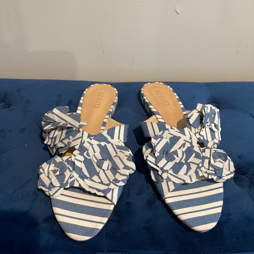 Schutz Women's Blue Ilaria Denim Patch Fabric Slide Sandal Shoe 10 Size US